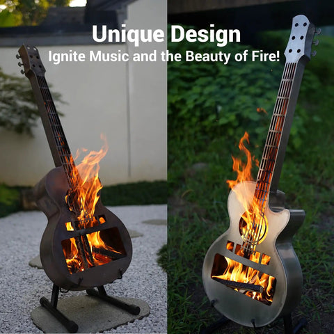 Portable Outdoor Guitar Style Fire Pit Brazier No Assembly Required Smokeless Wood Burning One Piece Stainless Steel Firepit with Carry Bag showcased outdoors.