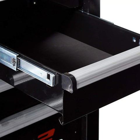 Close-up of 72 Inch 21 Drawer Rolling Cabinet with full length aluminum drawer pulls and replaceable ball bearing drawer slides.