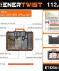 ENERTWIST 112-piece drill bit set in orange/black carrying case with 1/4-inch hex shank impact driver and screwdriver bits