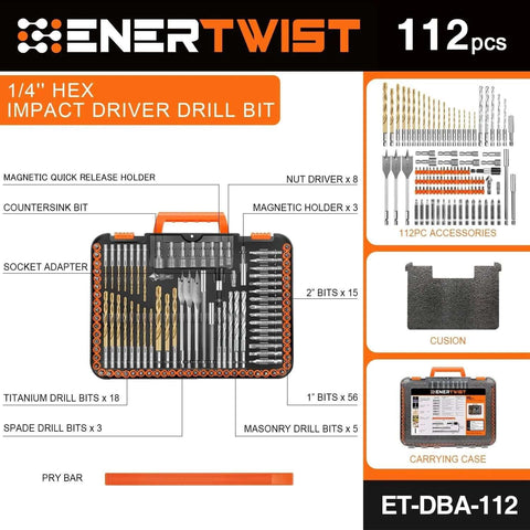ENERTWIST 112-piece drill bit set in orange/black carrying case with 1/4-inch hex shank impact driver and screwdriver bits