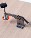Close-up of a stainless steel toggle clamp with anti-slip rubber tips, part of a 4 Pack Stainless Steel Toggle Clamp Set With Anti Slip Rubber Tips, Horizontal Clamp For Woodworking Jigs And Fixtures, Welding, Drill Press, Molding And Circuit Board Projects, Heavy Duty, Reliable Workshop Must Have. Ideal for precision tasks.