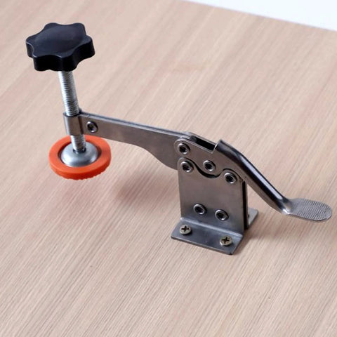 Close-up of a stainless steel toggle clamp with anti-slip rubber tips, part of a 4 Pack Stainless Steel Toggle Clamp Set With Anti Slip Rubber Tips, Horizontal Clamp For Woodworking Jigs And Fixtures, Welding, Drill Press, Molding And Circuit Board Projects, Heavy Duty, Reliable Workshop Must Have. Ideal for precision tasks.