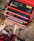 Lockable Red Steel Tool Chest With Three Drawers And Top Tray Portable Toolbox For Home Garage Workshop And Repair Shop Heavy Duty Tool Organizer Tough As Nails Metal Cabinet For Tools And Gear, open with hand tools