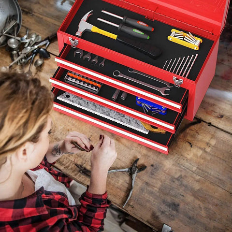 Lockable Red Steel Tool Chest With Three Drawers And Top Tray Portable Toolbox For Home Garage Workshop And Repair Shop Heavy Duty Tool Organizer Tough As Nails Metal Cabinet For Tools And Gear, open with hand tools