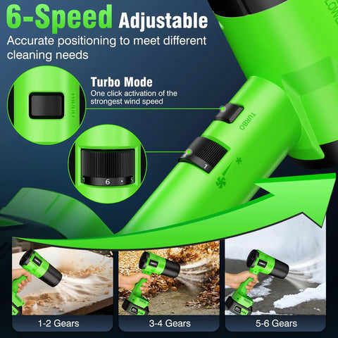 Cordless Leaf Blower With Turbo Power Beast 6-speed adjustable turbo mode for versatile cleaning on various surfaces