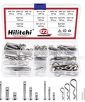 Stainless Steel Clevis Pin And Clips Kit 122 Piece Assortment With 9 Styles M4 M6 M8 Clevis Pins And M1.5 M2 M3 Cotter Pins R Clips Hair Pins In 304 Stainless Steel Packed In A Handy Plastic Box For Easy Storage And Fast DIY Projects, shown with open box and visible assortment.