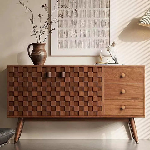 Wooden cabinet with woven design, featuring mushroom shaped dresser drawer knobs, matching the wooden cabinet knob set with screws.