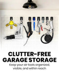 Heavy Duty Quarter Inch Air Tool Holder Wall Mount Eight Pack Pneumatic Organizers for Garage and Workshop Storage, displaying organized hoses and tools.