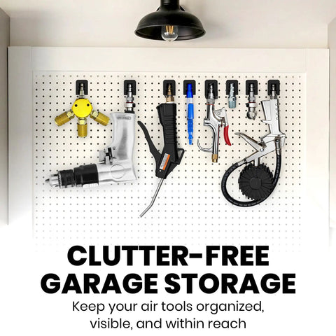 Heavy Duty Quarter Inch Air Tool Holder Wall Mount Eight Pack Pneumatic Organizers for Garage and Workshop Storage, displaying organized hoses and tools.