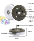 Diagram of 2 Pack Camping String Lights 4 In 1 Camp Light with 8 Modes, showing charging ports, hand crank, and indicator lights.