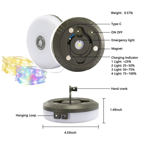 Diagram of 2 Pack Camping String Lights 4 In 1 Camp Light with 8 Modes, showing charging ports, hand crank, and indicator lights.
