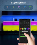 Smartphone displaying LED strip control app showing 5 lighting effects in front of illuminated shelves.