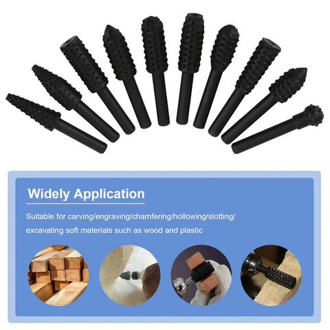 Roll Up Your Sleeves And Get Work Done Fast With This Rock Solid 10 Piece Rotary Rasp File Set showing ten black rotary rasp files for wood shaping.