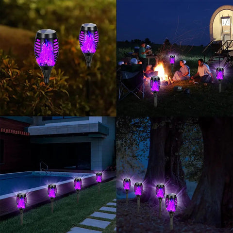 Solar Powered Outdoor Lights With Purple Flickering Flame For Patio And Pathway Decor, Waterproof Tiki Torch Torches For Yard
