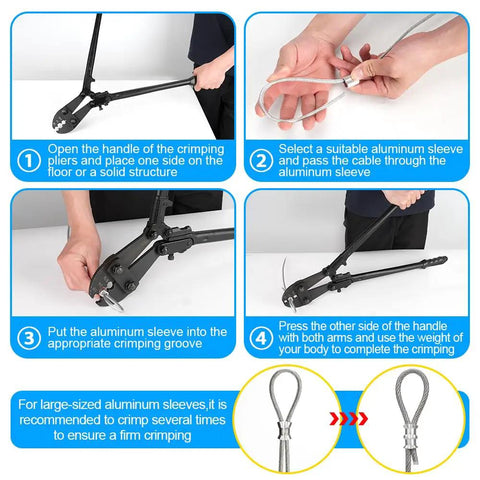 Guide using Wire Rope Crimping Tool 25 Inch Go-To Heavy Duty Hand Swaging Tool With 40 Aluminum Loop Sleeves Three Cavity Cable Crimping Tool