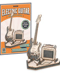 Dope Detailed One Eighth Scale Electric Guitar 3D Puzzle Kit For Adults Wooden Craft Model With Amplifier And Stand, box and assembled model