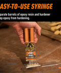 Two Part Clear Epoxy Kit 0.85 Oz Syringe Pack Of 2, 5 Minute Set Time, Tough As Nails Bond For Home And Auto Repairs, Gap Filling And Repositioning, Dries Crystal Clear, Waterproof And Heat Resistant Resin For Wood, Metal, Plastic, Glass; hand applying syringe