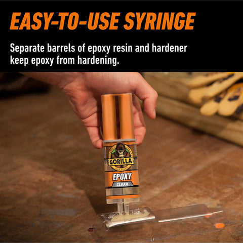 Two Part Clear Epoxy Kit 0.85 Oz Syringe Pack Of 2, 5 Minute Set Time, Tough As Nails Bond For Home And Auto Repairs, Gap Filling And Repositioning, Dries Crystal Clear, Waterproof And Heat Resistant Resin For Wood, Metal, Plastic, Glass; hand applying syringe