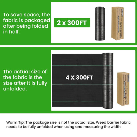 Tough As Nails Weed Barrier Fabric 4x300ft Landscape Geotextile Ground Cover Mat shown folded and fully unfolded in packaging.