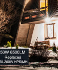 Outdoor LED Flood Light 50W With 6500 Lumens 5000K Daylight, lighting up a snowy garden and porch, replacing 200W HPS and MH.