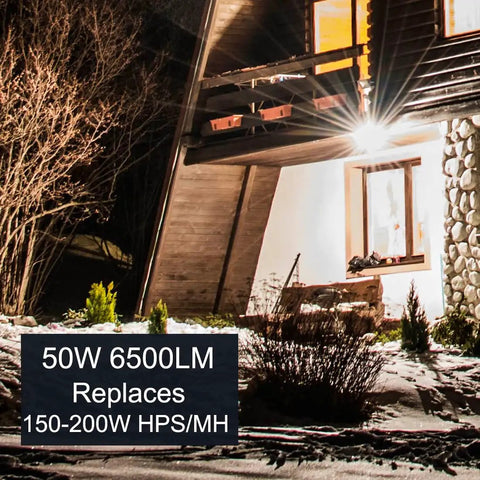 Outdoor LED Flood Light 50W With 6500 Lumens 5000K Daylight, lighting up a snowy garden and porch, replacing 200W HPS and MH.