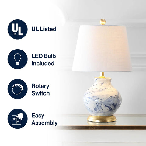 Blue And White Marbleized Ceramic Table Lamp With Gold Accents And White Linen Empire Shade, Contemporary Traditional Bedside Lamp For Living Room Or Nightstand, LED Bulb Included, Cozy Glow displayed on a table.