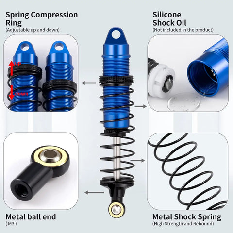 4 Piece CNC Machined Aluminum Front And Rear Threaded Shock Absorber Set For One Sixteenth Scale RC Mini Buggy Upgrades Blue