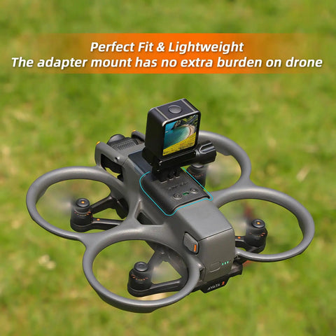 Expansion Bracket for Avata 2 FPV Drone With Grab-And-Go Grip Ready Camera Mount and Strobe Light Mount installed on drone