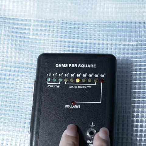 Clear Antistatic Crossbody Tool Bag Hella Durable Cold Pvc Build For Field Engineers And Tech Crews showing a static resistance meter.