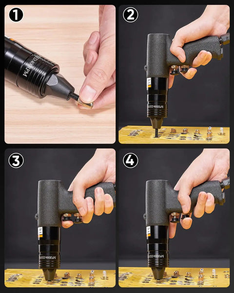 4 In 1 Pneumatic Rivet Nut Gun Set With Quick Change Nozzles For 10 To 24, One Quarter, Five Sixteenth, And Three Eighths Nutserts in use