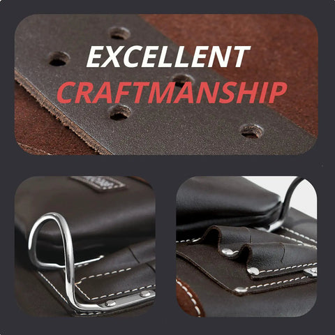 Close-up of oil-tanned leather detailing on 12 Pocket Oil Tanned Leather Tool Belt For Builders And DIYers Handyman Ready Work Apron