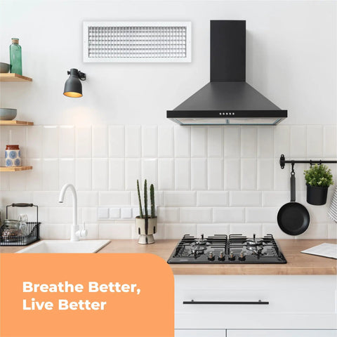 Heavy Duty 24x8 Inch Wall Vent Cover For AC Vents Premium Rustproof Aluminum Grille in modern kitchen setting.