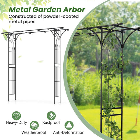 81 Inch Garden Arch Metal Arbor For Climbing Plants with greenery climbing, heavy-duty weatherproof and rustproof design.