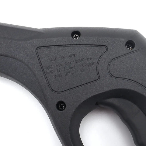 Close-up of black spray gun handle showing pressure specifications and screws, part of High Pressure Spray Gun With Wand Nozzle And 32Ft Hose Replacement For Electric Pressure Washers Up To 2320 PSI Variable Spray Nozzle Durable Easy Fit For Most Brands.