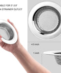 Hand holding 2 Pack Stainless Steel Kitchen Sink Strainer Set With Wide 4.5 Inch Rim Fits Most Standard Drains And Garbage Disposals Rust Free With 2mm Holes Smooth Rolled Rim That Will Not Scratch Hands next to close-up of strainer in sink
