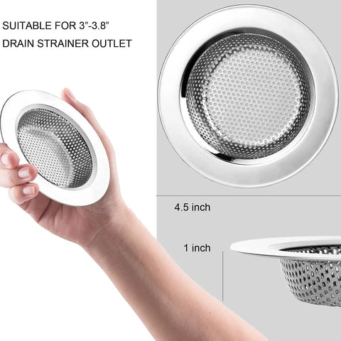 Hand holding 2 Pack Stainless Steel Kitchen Sink Strainer Set With Wide 4.5 Inch Rim Fits Most Standard Drains And Garbage Disposals Rust Free With 2mm Holes Smooth Rolled Rim That Will Not Scratch Hands next to close-up of strainer in sink