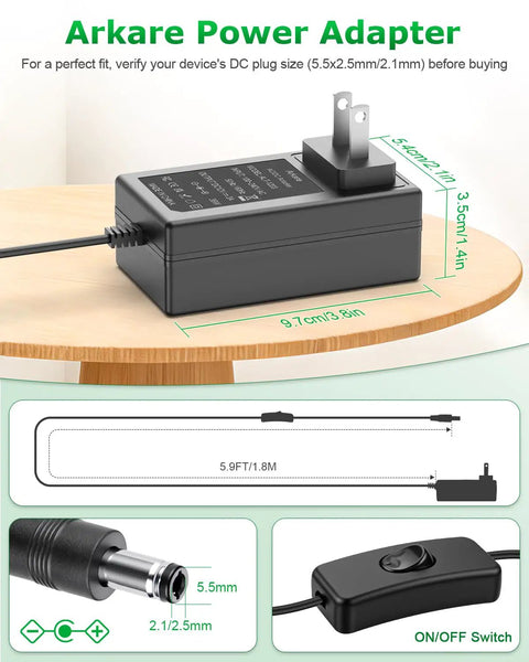 12V 3A Power Supply AC Adapter 36W Charger With On Off Switch 5.9 Foot Cable Center Positive DC Output For Electronics And Home Devices Universal 100 240V Input, black adapter with 5.9ft cable