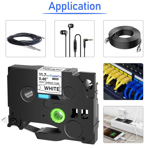 Top Shelf Hse 231 Heat Shrink Tube Label Tape For Brother Ptouch D210 D400 E300 E500 visible with applications like audio cables and network wiring.