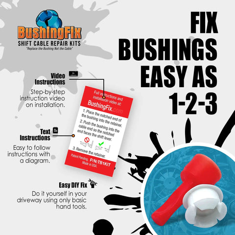 TB1Kit Automatic Transmission Shift Cable Bushing Repair Kit instructions with red bushing tool and step-by-step guide.