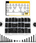 1400 Pcs M4 Hex Socket Button Head Bolts Kit With 12.9 Grade Carbon Steel Assortment For Real Tough Fastening At Home Garage And Shop Projects With Smooth Threads And Durable Build. open case with M4 bolts, nuts, washers, and lock washers