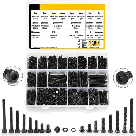 1400 Pcs M4 Hex Socket Button Head Bolts Kit With 12.9 Grade Carbon Steel Assortment For Real Tough Fastening At Home Garage And Shop Projects With Smooth Threads And Durable Build. open case with M4 bolts, nuts, washers, and lock washers