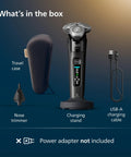 What’s in the box: Wet And Dry Electric Shaver With SenseIQ Technology For A No Nonsense Close Shave And Skin Comfort, Triple Lift And Cut System For Tough Areas, 360 Rotating Dual Steel Precision Blades, Nose Trimmer, Model X9000 90 with travel case, charging stand and USB-A cable
