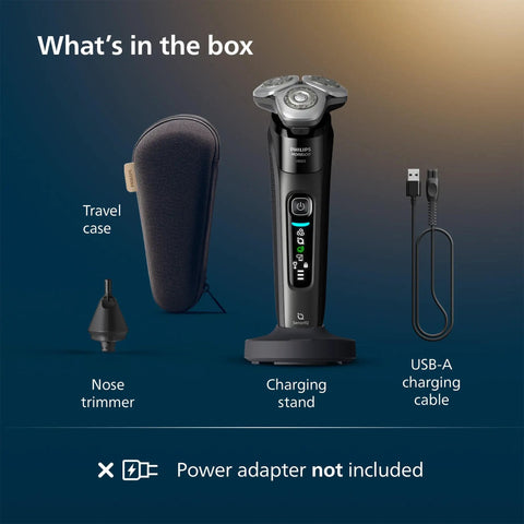 What’s in the box: Wet And Dry Electric Shaver With SenseIQ Technology For A No Nonsense Close Shave And Skin Comfort, Triple Lift And Cut System For Tough Areas, 360 Rotating Dual Steel Precision Blades, Nose Trimmer, Model X9000 90 with travel case, charging stand and USB-A cable