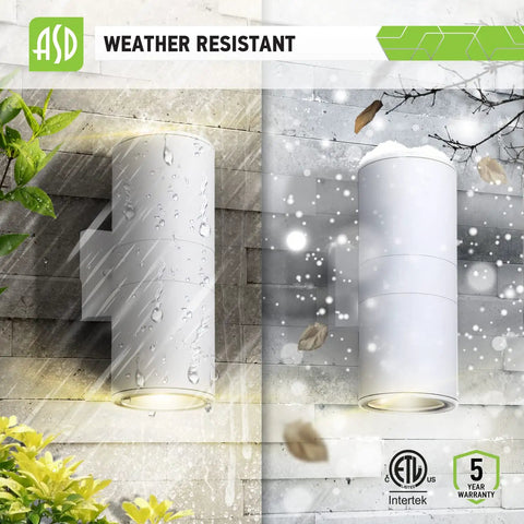 Round Outdoor Wall Cylinder Up And Down Light Fixture With 2x E26 Sockets 60W 120V White Finish ETL Listed during rain and snow