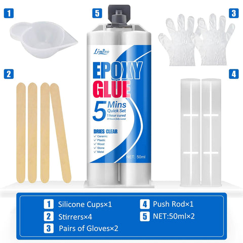 5 Minute Quick Cure Epoxy Glue For Tile Metal Ceramics Plastic And Wood Diy Friendly, 2 Pack 50ml with Accessories