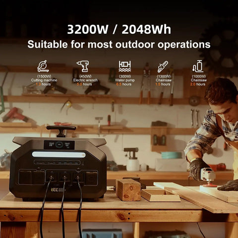 3200W Portable Power Station With 6400W Surge 2048Wh LiFePO4 Solar Generator in a workshop with tools and worker