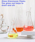 Nine Piece Glass Erlenmeyer Flask Set With Stirring Rods, 7 Sizes, narrow mouth borosilicate flasks with colored liquids