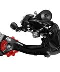 RD-TZ500 6/7 Speed Rear Derailleur Direct Mount, black steel body with red 11T guide pulley for mountain and road bikes.