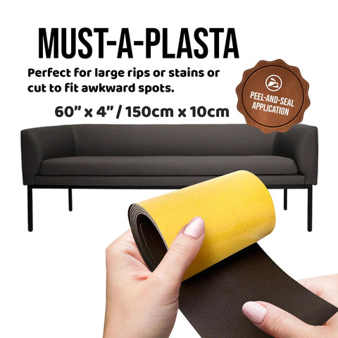 Leather Repair Patch Kit For Couches And Car Seats, Self Adhesive Upholstery Tape, Quick Fix Black 60 Inch By 4 Inch held by hand.