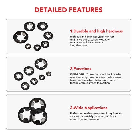 Detailed features of Grab N Go 350Pcs Internal Tooth Star Lock Washers And Push Nuts Kit, showcasing durability, functions, applications.